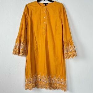 J Crew Shirt Dress Maxi Gold Yellow Eyelet Lace Bell Sleeve Button Down Cotton‎